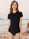 Women Black Short Sleeve Zipper Up One Piece Swimsuit