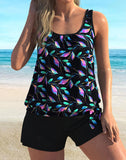 ASYMMETRY BLACK LEAF PRINT HIGH WAISTED TANKINI SET