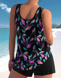 ASYMMETRY BLACK LEAF PRINT HIGH WAISTED TANKINI SET