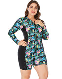 Multicolor High Neckline Boxer Zipper One-Piece Swimsuit