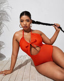 FULLFITALL-Deep Orange V-Neck Halterneck Lace One Piece Swimsuit