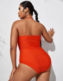 FULLFITALL-Deep Orange V-Neck Halterneck Lace One Piece Swimsuit
