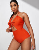 FULLFITALL-Deep Orange V-Neck Halterneck Lace One Piece Swimsuit