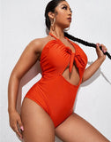 FULLFITALL-Deep Orange V-Neck Halterneck Lace One Piece Swimsuit