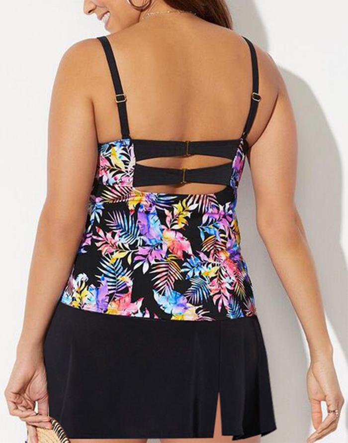 FULLFITALL - Multi Leaves Faux Flyaway Underwire Tankini With Side Slit Swim Skirt