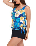 FULLFITALL - Yellow Flower Side Tie Blouson Tankini With Side Slit Swim Skirt