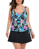 FULLFITALL - Neon Tropical Side Tie Blouson Tankini With A-Line Swim Skirt