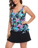 FULLFITALL - Neon Tropical Side Tie Blouson Tankini With A-Line Swim Skirt