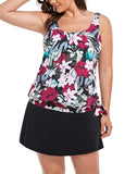 FULLFITALL - Wine Pink Flower Side Tie Blouson Tankini With A-Line Swim Skirt