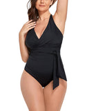 FULLFITALL - Black Faux Wrap Halter One Piece Swimsuit