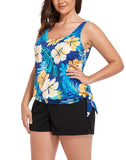 FULLFITALL - Yellow Flower Side Tie Blouson Tankini with Cargo Swim Short