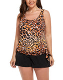 FULLFITALL - Leopard Print Side Tie Blouson Tankini with Cargo Swim Short